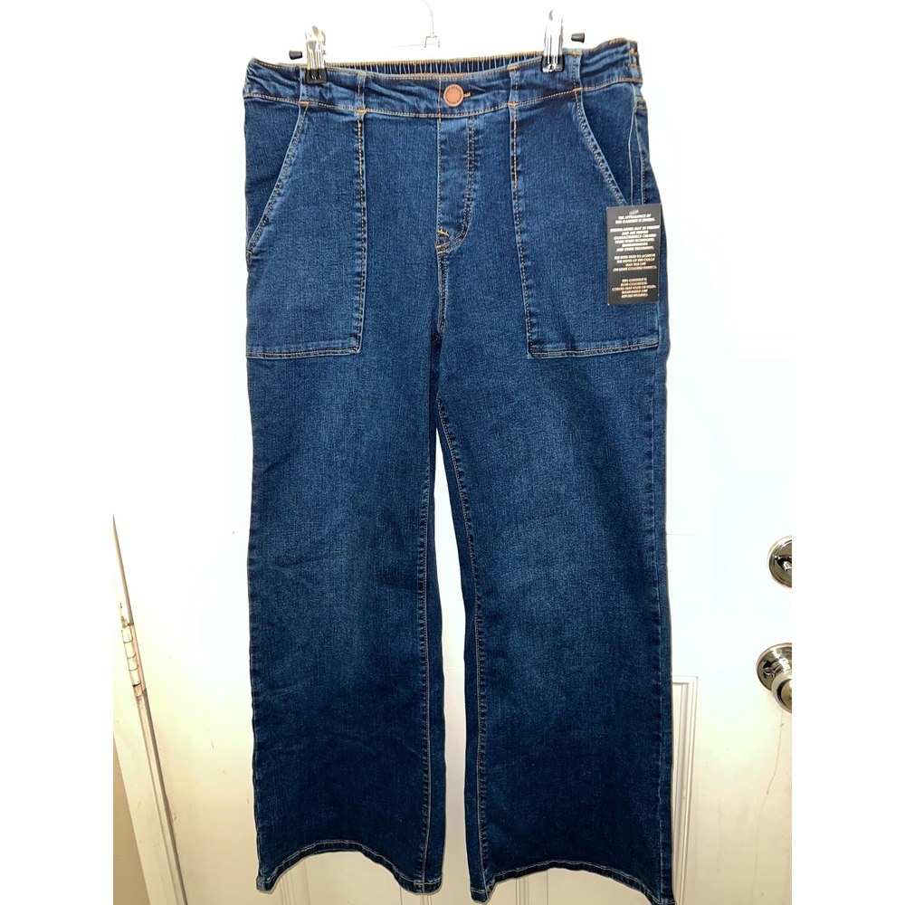 Diane Gilman DG2 Womens Wide Leg Patch Pocket Jeans Indigo Blue High Rise New
